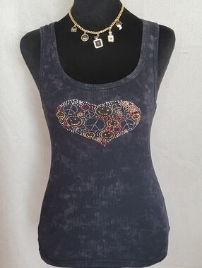 Women's Black Ribbed Tank Top with Heart Rhinestone Detail